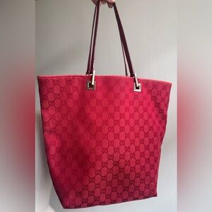 Gucci GG Canvas Tote Bag Red with Leather Trim and Gold Hardware - READ